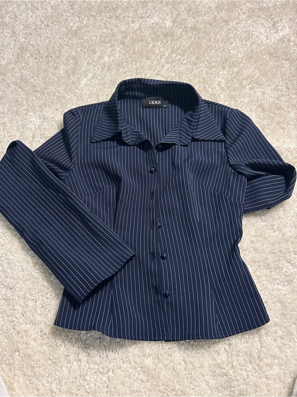 Cider Navy Pinstripe Cinched Waist Button-Up Blouse Women XXS